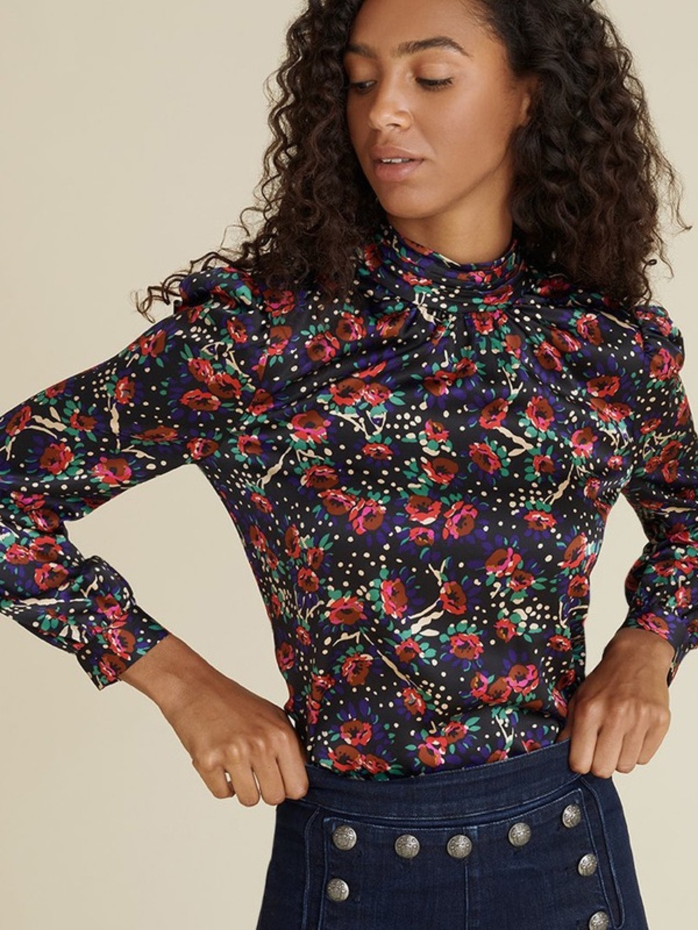 Veronica Beard Chilton Blouse Black Multi Floral